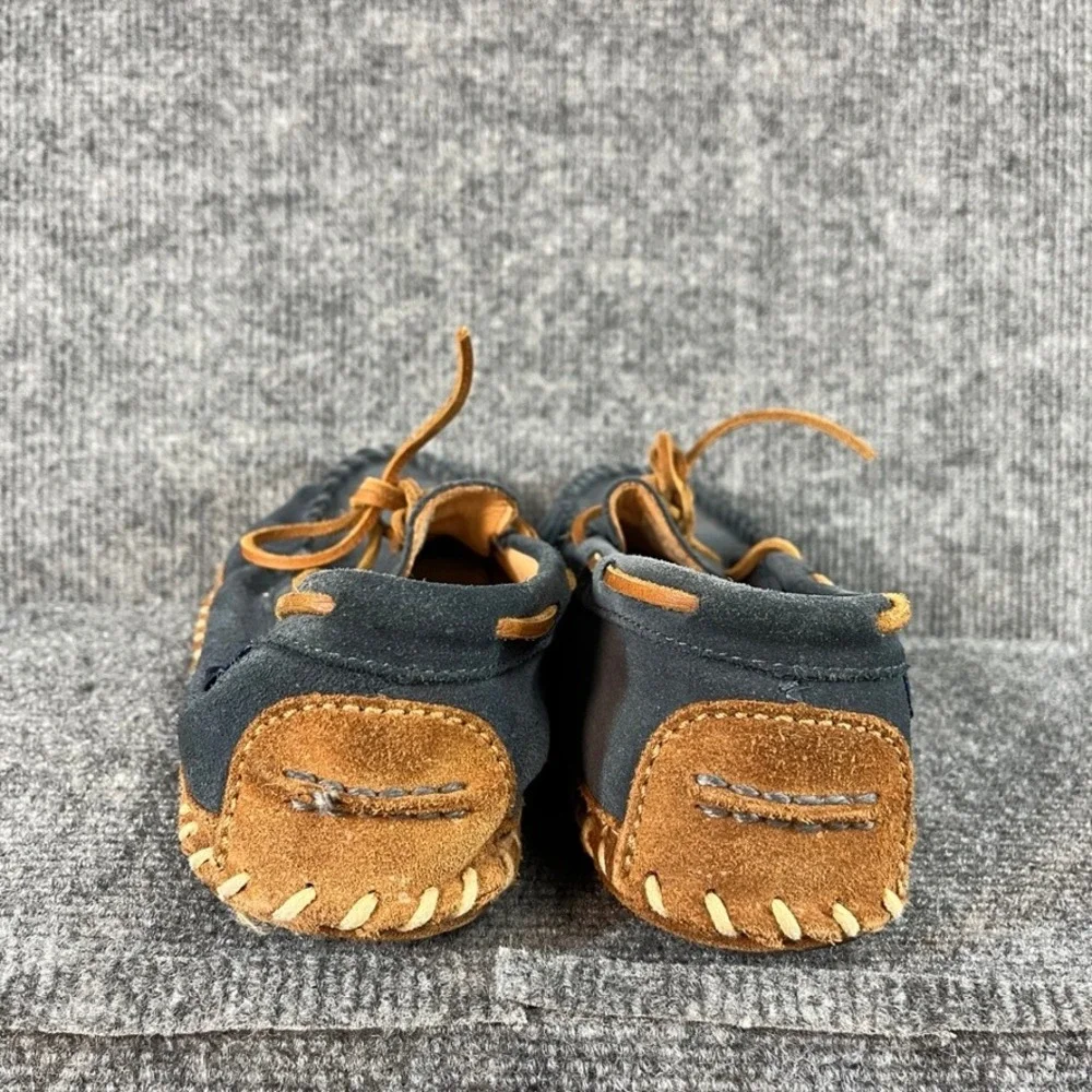 LL Bean Mens 8M Navy Suede Soft Sole Moccasin Slippers Whipstitch Blue Tan